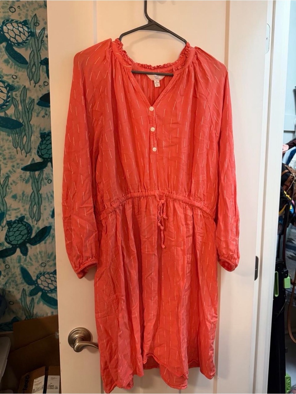 Time and True pink/coral and white tie waist dress